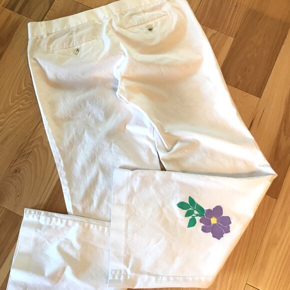 Upcycled Express White Pants, Painted Flowers, Funky Hippie Flared, Size 10 - Picture 3 of 13